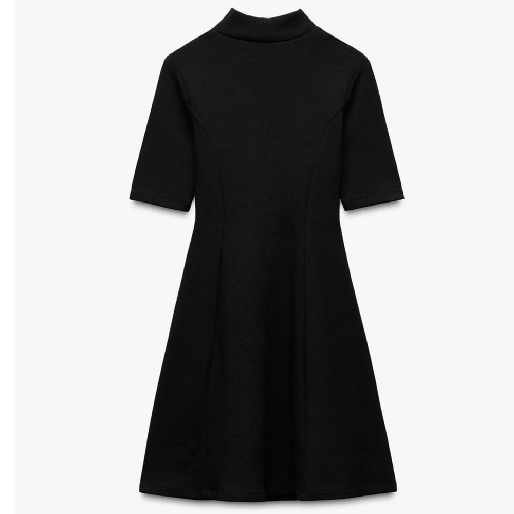 Zara NWT buckled knit short sleeve black mini dress skater flared hem skirt - Picture 5 of 13